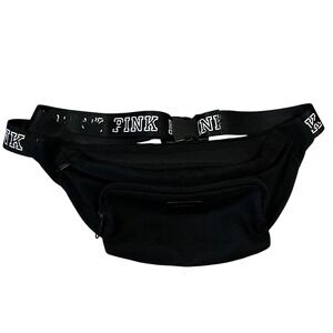 Pink Victoria's Secret Black Oversized Canvas Fanny Pack Logo Strap Athleisure